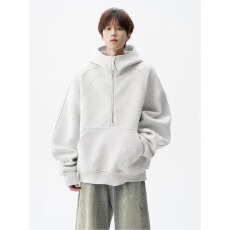 批发美式潮流<b class='q'>秋</b>冬运动休闲加厚百搭简约半拉链外套廓形宽松连帽卫衣男