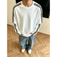 批发白色假两件条纹长袖t恤男款初<b class='q'>秋</b>穿搭圆领卫衣设计感内搭打底衫