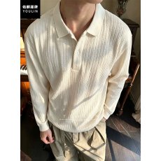 批发翻领针织<b class='q'>Polo</b><b class='q'>衫</b><b class='q'>男</b>士秋冬季韩系宽松慵懒风肌理感坑条V领P0L0<b class='q'>衫</b>