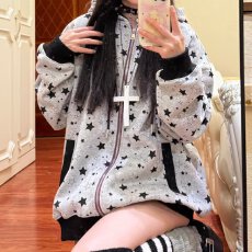 批发美式复古星星满印灰色连帽开衫<b class='q'>卫衣</b>秋季宽松慵懒感休闲拉链<b class='q'>外套</b>