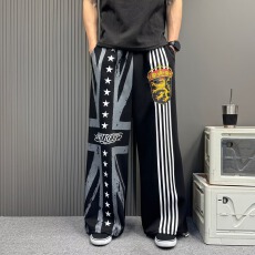 街头风印花竖条纹阔腿卫裤男女同款痞帅宽松慵懒感运动裤情侣款