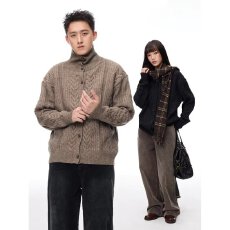 2026秋冬美式老钱风麻花纽扣开衫毛衣男女复古做旧感慵懒针织衫