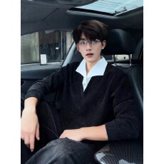 批发人夫感黑色龙鳞纹假两件<b class='q'>polo</b><b class='q'>衫</b>卫衣<b class='q'>男</b>款秋季高智感老钱风长袖t恤