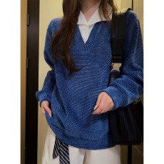 批发蓝色龙鳞纹v领卫衣<b class='q'>男</b>秋季美式复古假两件长袖<b class='q'>POLO</b><b class='q'>衫</b>cleanfit上衣