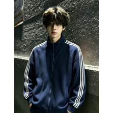 批发藏青色龙鳞纹三条杠立领外套男款秋季运动开衫卫衣短款棒球服夹克