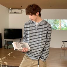 批发潮流文艺假两件条纹针织条纹小v领长袖<b class='q'>秋</b>季情侣港风T恤上衣流行