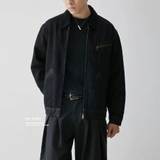 美式底特律黑色牛仔夹克男2026秋季新款宽松大码翻领休闲工装外套