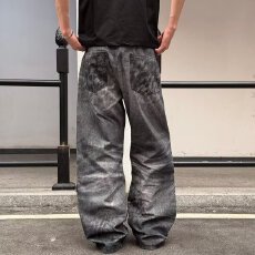 批发<b class='q'>秋</b>季美式复古痞帅重磅黑灰色牛仔裤男直筒宽松通勤百搭阔腿长裤