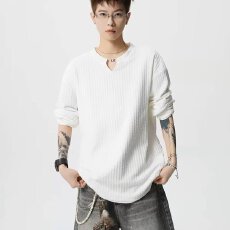 批发美式潮流肌理感条纹长袖T恤男秋季复古<b class='q'>潮牌</b>宽松小V领长袖体恤衫潮