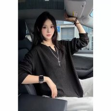 批发美式潮流肌理感条纹长袖<b class='q'>T</b><b class='q'>恤</b>男秋季复古潮牌宽松小V领长袖体恤衫潮