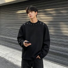 批发百搭秋冬垫肩设计感小众金属装饰卫衣男痞帅重磅打底长袖上衣