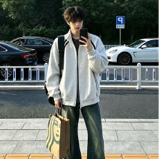 美式复古运动立领拉链开衫卫衣男春秋季情侣宽松条纹拼接外套潮