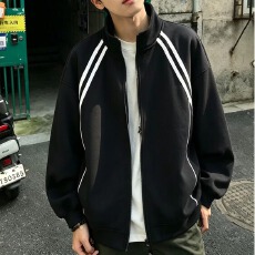 美式复古运动立领拉链开衫卫衣男春秋季情侣宽松条纹拼接外套潮