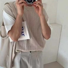 批发美式镂空针织背心男网眼透视宽松无袖t恤外搭叠穿坎肩线衣小马甲