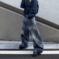 批发小弯刀版型复古水洗做旧拼接设计直筒牛仔裤男士休闲宽松阔腿长裤