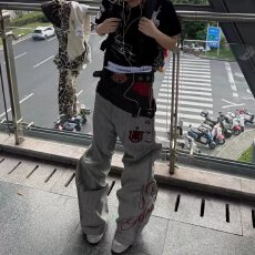 批发拼色休闲牛仔裤高级感2026春季新款双裤头高腰宽松百搭直筒阔腿裤
