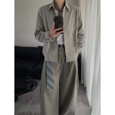 批发原版纯棉格纹复古慵懒格子衬衫男女设计感开衫外套miu系学院风百