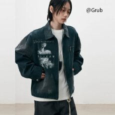 美式复古人物印花做旧水洗工装外套男女秋季宽松翻领夹克潮