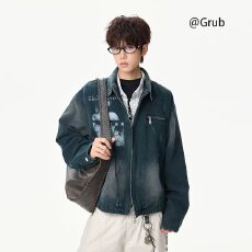美式复古人物印花做旧水洗工装外套男女秋季宽松翻领夹克潮