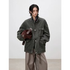 美式复古巴恩风工装外套女春秋款2026新款春季宽松休闲立领夹克潮