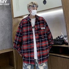 批发长袖衬衫男女秋季痞帅拼接格子衬衣高级感宽松日系复古休闲外套