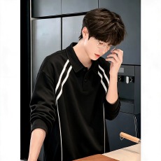 批发美式条纹长袖POLO衫男秋季<b class='q'>潮</b>牌重磅翻领正肩卫衣人夫感穿搭打底衫