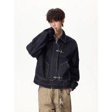 批发美式潮牌解构水洗飞机扣牛仔<b class='q'>夹克</b>男女复古痞帅设计感外套