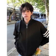 美式三条杠立领开衫毛衣男秋季条纹撞色针织衫外套高级感上衣