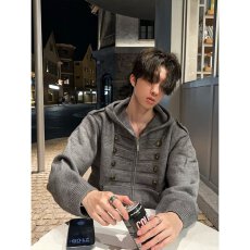 批发秋冬季新款高级感纽扣设计连帽毛衣男韩系<b class='q'>潮</b>牌痞帅慵懒针织外套