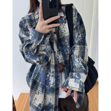 批发美式复古扎染<b class='q'>格子</b>衬衫男女春季高级感长袖衬衣潮牌小众情侣款外套