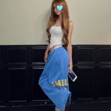 批发美式复古字母印花松紧腰休闲裤男女<b class='q'>街头</b>垂感宽松情侣阔腿裤潮