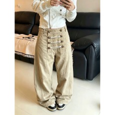 批发美式复古直筒宽松排扣工装<b class='q'>牛仔</b>裤<b class='q'>男</b>女可调节设计感阔腿<b class='q'>长裤</b>潮