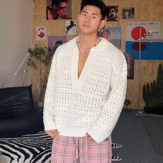 2025春季新款男装时尚潮牌美式镂空深V设计感针织衫长袖上衣简约