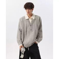 文艺复古麻花假两件针织衫老钱风男秋通勤质感宽松毛衣polo衫新款