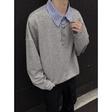 少年感假两件拼接衬衫领polo衫小众设计长袖T恤卫衣潮