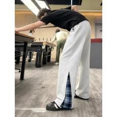 批发浅灰色休闲运动卫裤<b class='q'>男</b>款美式高街格子拼接微喇裤垂感直筒健身<b class='q'>裤子</b>