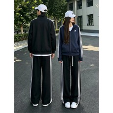 黑色三条杠条纹运动卫裤男女秋季美式健身训练裤子直筒情侣休闲裤