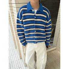 批发蓝白条纹翻领撞色毛衣外套男女美式慵懒风宽松开衫正肩软糯针织衫