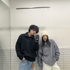 高级感灰色亨利领长袖毛衣男装2025年冬季韩系纽扣圆领保暖针织衫