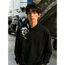 批发新中式金枝梅花刺绣长袖<b class='q'>t</b><b class='q'>恤</b>男秋季高级痞帅polo衫设计感正肩卫衣