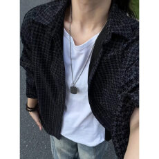 批发美式千鸟格<b class='q'>衬衫</b>男款秋季宽松慵懒风<b class='q'>长袖</b><b class='q'>衬衣</b>肌理高级感外套