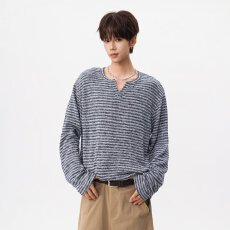 批发春秋美式休闲痞帅重磅V领套头条纹毛衣男宽松百搭慵懒风针织衫