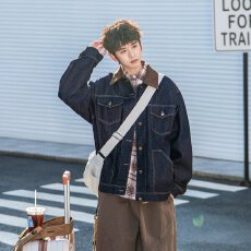 批发美式重磅复古拼色牛仔外套男<b class='q'>春</b>秋季潮牌痞帅宽松大码水洗工装夹克