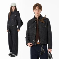 批发美式高街黑色牛仔外套男<b class='q'>春</b>秋高级感提花潮流宽松上衣休闲百搭夹克