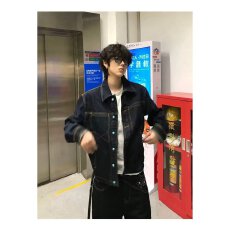 批发深蓝色复古工装牛仔外套<b class='q'>春秋</b>休闲口袋设计感小个子短款上衣夹克