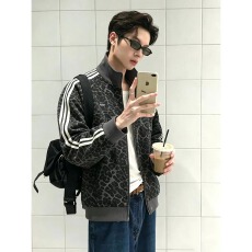 美拉德短款豹纹外套男款秋季美式复古条纹立领夹克廓形正肩棒球服