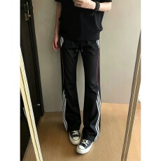 批发藏青色解构条纹速干<b class='q'>裤子</b><b class='q'>男</b>款夏季侧拉链冰丝运动裤美式直筒休闲裤