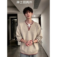 批发卡其色假两件撞色v领毛衣男款秋季美式复古高级感针织衫内搭上衣