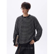 批发老钱风复古条纹圆领毛衣男女同款秋季宽松休闲百搭慵懒风针织衫