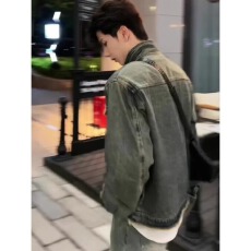潮流美式复古立领垫肩牛仔外套男款高级感秋季痞帅毛边夹克牛仔衣